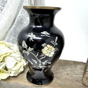 Vintage Black Mother Of Pearl Inlay Vase With Brass Trim